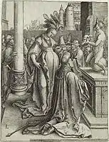 Lucas van Leyden, La idolatría de Salomón, inspirado por su esposa pagana, de una serie de paneles tallados sobre madera sobre el "Poder de las mujeres", 1514.