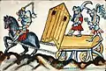 Miniatura del Bellifortis de Konrad Kyeser. El jinete de la izquierda parece blandir un mangual en su mano derecha.