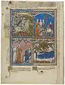 Página 33 verso de la Biblia de Maciejowski. El personaje bíblico que sujeta el flagelo en la esquina superior derecha es Nabal, un pastor rico calebita (descendiente de Caleb).