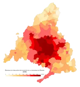 Densidad de población por municipios en la comunidad de Madrid en 2018