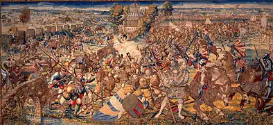 Fuga de los civiles del campo francés. Los suizos reh'usan avanzar a pesar de las órdenes de su comandante, quinto de los siete tapices de la serie de la Batalla de Pavía, realizados en Bruselas por William Dermoyen entre 1528 y 1531 sobre cartones de Bernard van Orley.