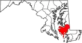 Mapa de Maryland con la ubicación del condado de Dorchester