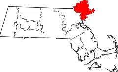 Mapa de Massachusetts con la ubicación del condado de Essex