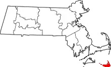 Mapa esquemático de Massachusetts, resaltando Nantucket, al sur del estado.