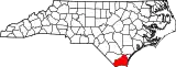 Mapa de Carolina del Norte con la ubicación del condado de Brunswick