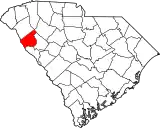 Mapa de Carolina del Sur con la ubicación del condado de Abbeville