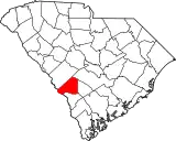 Mapa de Carolina del Sur con la ubicación del condado de Barnwell