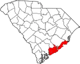 Mapa de Carolina del Sur con la ubicación del condado de Charleston