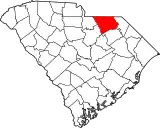Mapa de Carolina del Sur con la ubicación del condado de Chesterfield