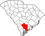 Mapa de Carolina del Sur con la ubicación del condado de Colleton