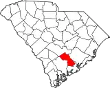 Mapa de Carolina del Sur con la ubicación del condado de Dorchester