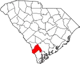 Mapa de Carolina del Sur con la ubicación del condado de Hampton