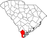 Mapa de Carolina del Sur con la ubicación del condado de Jasper