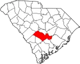 Mapa de Carolina del Sur con la ubicación del condado de Orangeburg