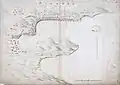 Mapa topográfico del valle de Hirado en 1621. A la derecha en la franja de la costa la zona intercambio con las indias orientales neerlandesas está marcada con la bandera roja-blanco-azul Bandera del reino de Holanda. A la zquierda, más allá de la costa, está la bandera blanca con la Cruz de San Jorge de Inglaterra del puesto de intercambio con las indias orientales. Esta fábrica de comercio inglesa en Hirado fue establecido en 1613. Richard Cocks fue designado como jefe comerciante. La fábrica de intercambio fue cerrada en 1623