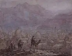 Jinetes de camellos en las montañas