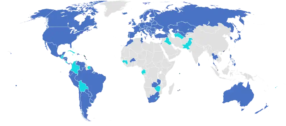 Países firmantes del convenio (en azul oscuro quienes también son miembros de la Conferencia de La Haya)