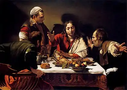 Cena de Emaús de Caravaggio, Barroco inicial. Violentos contrastes de luces y sombras, en una escena de interior.