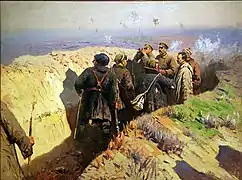 Stalin, Kliment Voroshilov y Yefim Shchadenko en las trincheras de Tsaritsin. Pintura alegórica de Mitrofan Grekov en 1934.