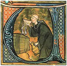 Un monje celador catando vino de un barril mientras llena una jarra. De Li Livres dou Santé por Aldobrandino de Siena (Francia, fines del Siglo XIII).