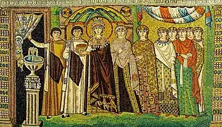 La emperatriz Teodora y otros personajes. Mosaico de  San Vital
