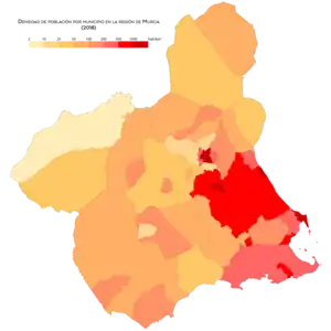 Densidad de población por municipio en la región de Murcia en el año 2018