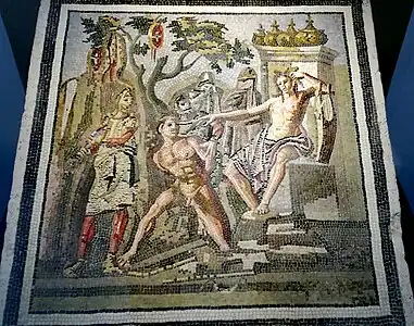 Emblema de mosaico: Apolo y Marsias (taller romano, siglo I a. C.)