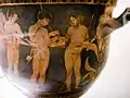 Los Argonautas: cuidando a los heridos. Cerámica apulia, crátera de campana. Pintor de los Argonautas, 425-400 a. C. Museo Arqueológico de Florencia.