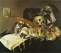 Vanitas con calavera, violín, bolsas de dinero y documentos (1661), Institut néerlandais, París