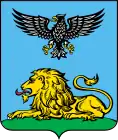 Escudo de armas del Óblast de Bélgorod, Russia, mostrando un león tendido de oro (1727).