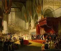 De inhuldiging van koning Willem II in de Nieuwe Kerk (La proclamación del rey Guillermo II en la Nieuwe Kerk), 1840-1850. Óleo sobre lienzo, 55 × 46.5 cm. Ámsterdam, Rijksmuseum.