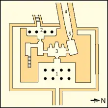 Mapa comentado del templo del valle de Nyuserra. Descrito en detalle en la siguiente sección.