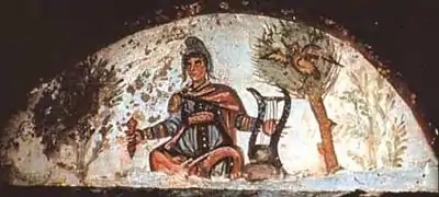 Catacumba de Marcelino: arcosolio con el mito de Orfeo, símbolo de resurrección.