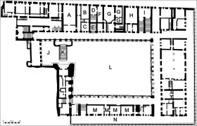 Plano de la planta de las loggias   A - Sala della Cancelleria Ducale, B - Sala della Milizia da Mar, C - Stanza della Bolla Dogale, D - Sala dello Scrigno, E - Scala d'Oro, F - Avogadria, G - Sala dei Notai, H - Sala dei Censori, I - Scala dei Censori, J - Cortiletto dei Senatori, K - Scala dei Giganti, L - Cortile, M - Porticato Foscari, N - Loggia Foscari
