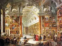 Giovanni Paolo Pannini, Interior de una galería de pintura con la Colección del cardenal Silvio Valenti Gonzaga, 1740