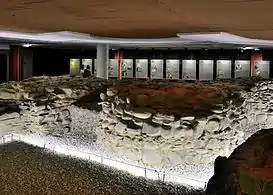 Ruinas de la iglesia fundacional del siglo xi con sarcófago incluido en el sótano del parador nacional.
