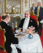 Los reyes Jorge I de Grecia y Eduardo VII de Inglaterra brindando con champán,1901-1910. Óleo sobre cartón, 26 x 22 cm.