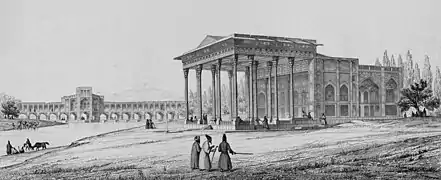[Pabellón de Aynehkhaneh en primer término, y detrás, el puente Khaju], Monuments modernes de la Perse mesurés, dessinés et décrits, éd. Morel, 1867