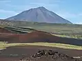 Al fondo, el estratovolcán conocido como Payún Liso