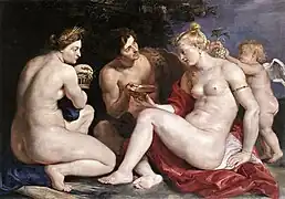 Alegoría con Venus, Cupido, Baco y Ceres, de Peter Paul Rubens, 1612-13, realizada tras su estancia en Mantua con los Gonzaga, donde pudo estudiar la posteriormente denominada Venus Lely.