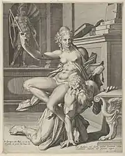 Filis y Aristóteles, Jan Sadeler y Bartholomeus Spranger, grabado, siglo XVI.