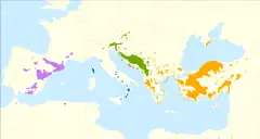 alt=Distribución de Pinus nigra      Subsp. salzmannii.
:     Subsp. laricio.
:     Subsp. nigra.
:     Subsp. dalmatica.
:     Subsp. pallasiana.