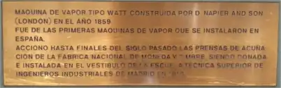 Placa explicativa de la historia de La Máquina de vapor de la ETSII UPM
