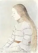 Anna Meyer: dibujo preparatorio, tiza negra y coloreada sobre papel blanco verdoso, 39,1 × 27,5 cm, Museo de Arte de Basilea, Kupferstichkabinett, Inv. Nr. 1823.142