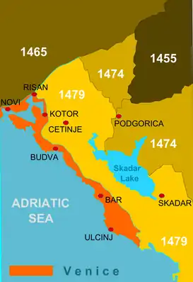 Albania Veneta en el 1479, con indicación de la conquista turca de Montenegro