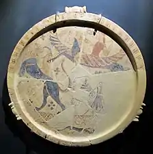 Cerámica con escena mitológica de la Quimera, Belerofonte y Pegaso.