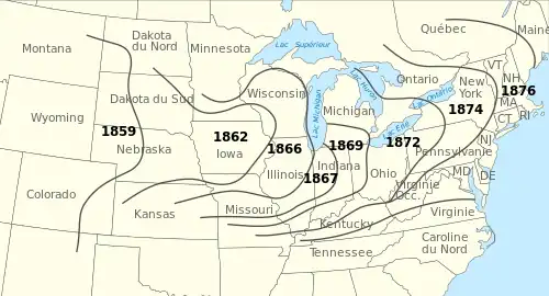 Expansión del área de distribución del escarabajo de la patata de Colorado en Norteamérica, 1859-1876