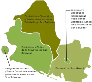 Provincia de San Salvador (en verde poblaciones pipiles y en café poblaciones chontales; y también en verde las poblaciones lencas de Chaoqueca y Lolotique que aparecen como isla dentro de la provincia de San Miguel) y provincia de San Miguel de 1530 a 1534.