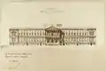Fachada del Palacio de Biblioteca y Museos Nacionales hacia la Calle Recoletos. Papel de albúmina sobre cartulina. Croquis realizado por el arquitecto, Francisco Jareño de Alarcón.