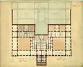 Tercera planta del proyecto, donde se muestra la separación en el edificio entre el museo (la parte señalada en claro) y la biblioteca.